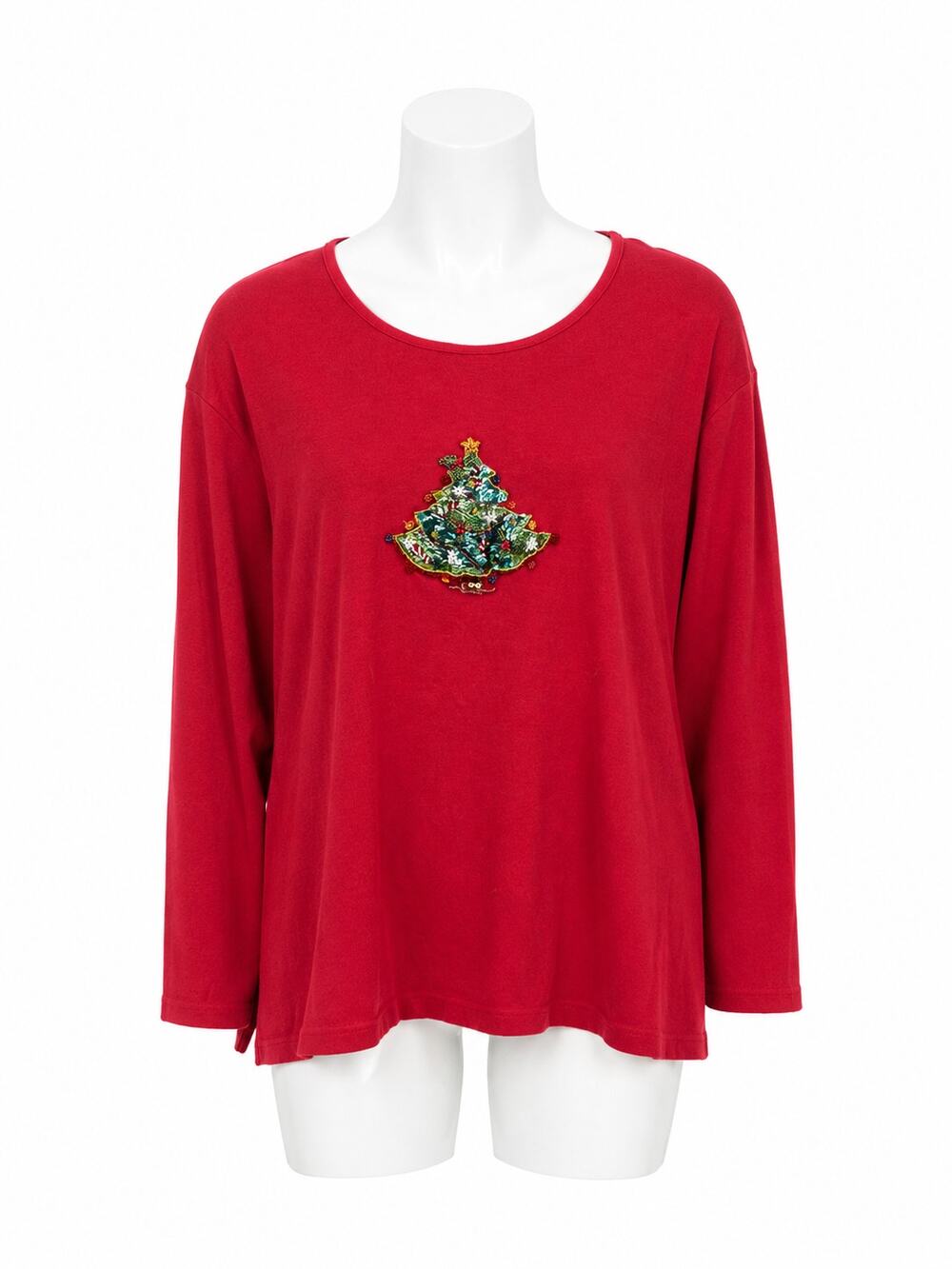 The Quacker Factory Christmas Tree Sequin Beaded Red Holiday T- Shirt Cotton 2X
